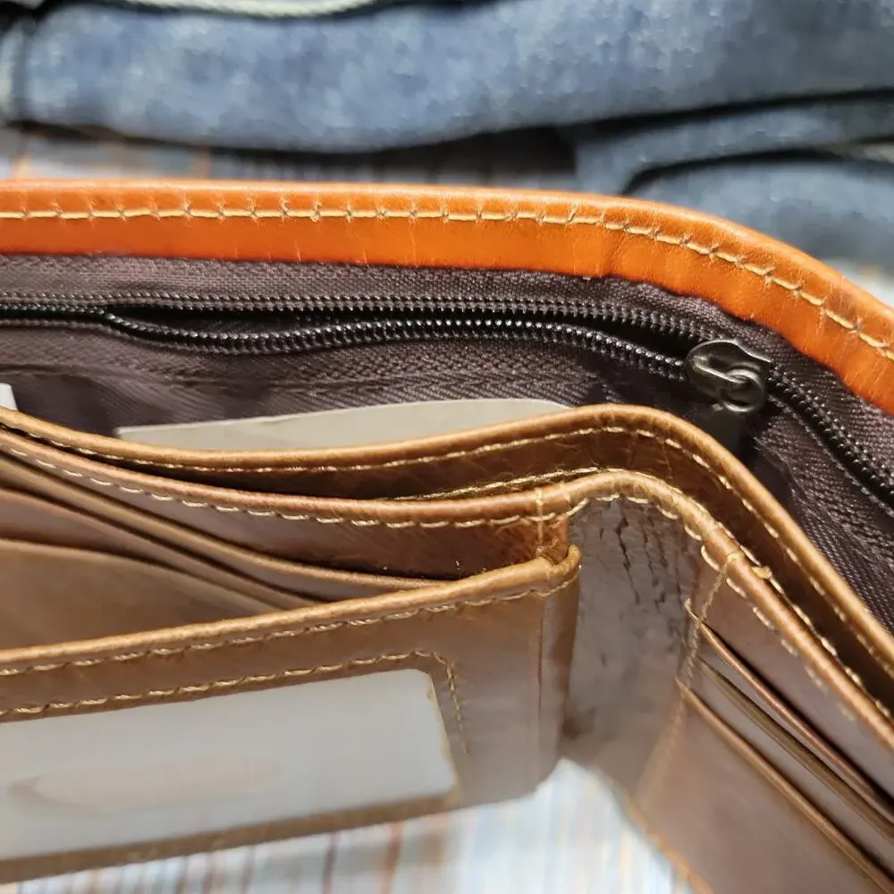 Western Mens wallet Western GENUINE LEATHER Short Lasercut Layered Tan & Teal